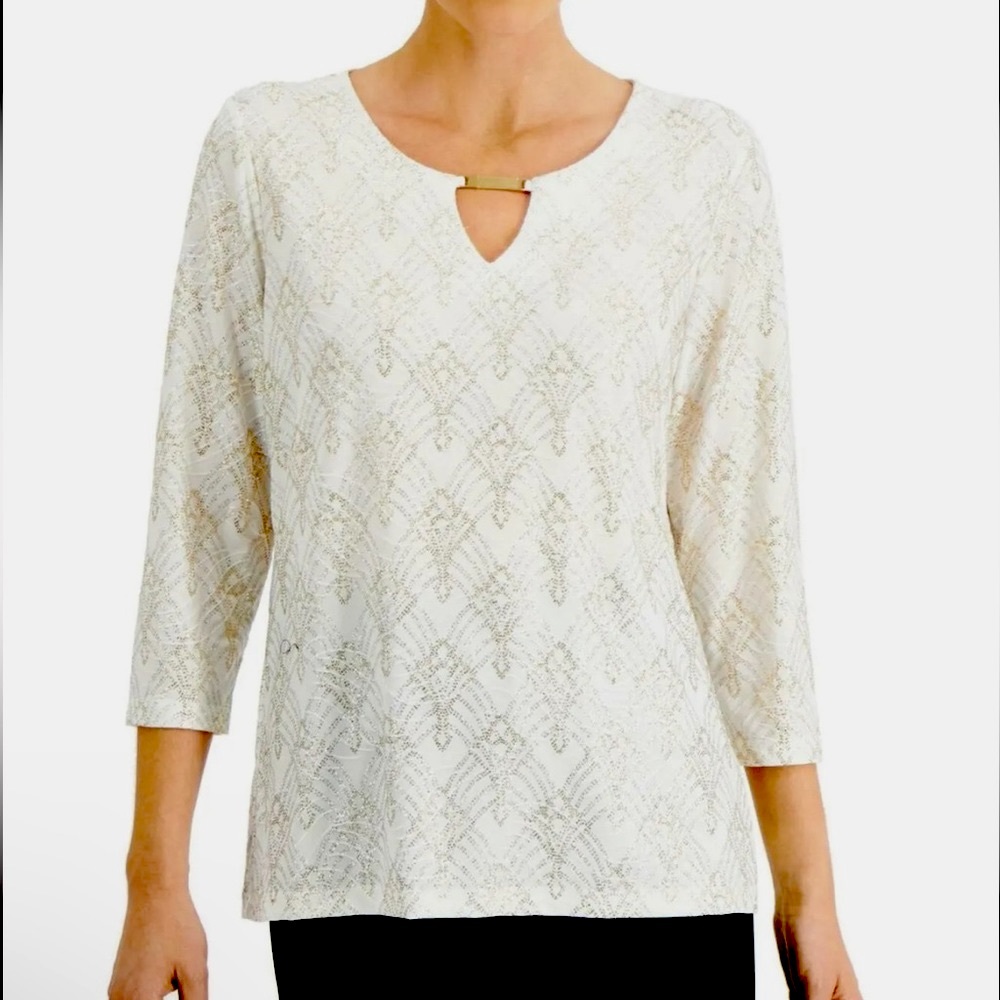 shimmer top by JM Collection Sz SP NWT cream w/gold & silver 3/4 sleeve